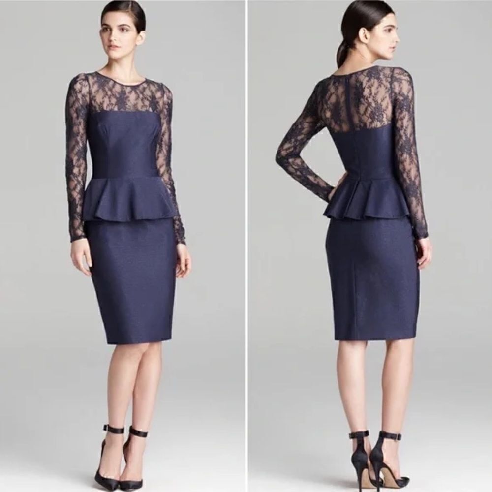David Meister Lace Peplum Navy Blue‎ Textured Long Lace Sleeves. 2 NWT